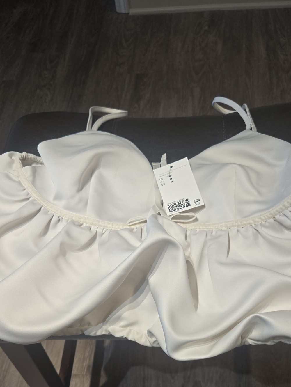 Divided White Satin Ruched Camisole Chemise with Built-In Cups